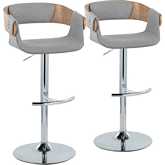 Elisa Adjustable Swivel Bar Stool in Chrome, White Washed Wood & Grey Fabric (Set of 2)